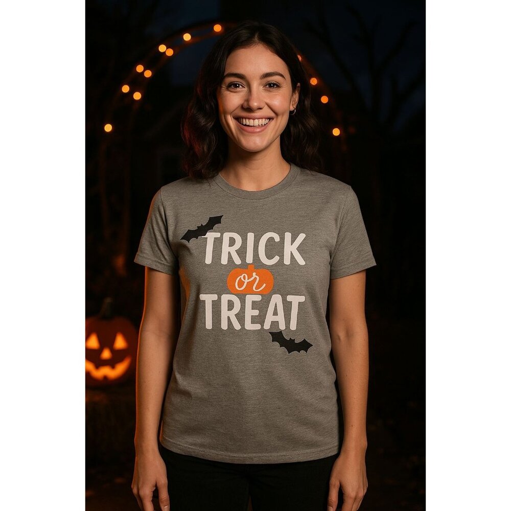 Celebrate It Trick or Treat Graphic Tee M Gray Halloween Pumpkin Bat Shirt